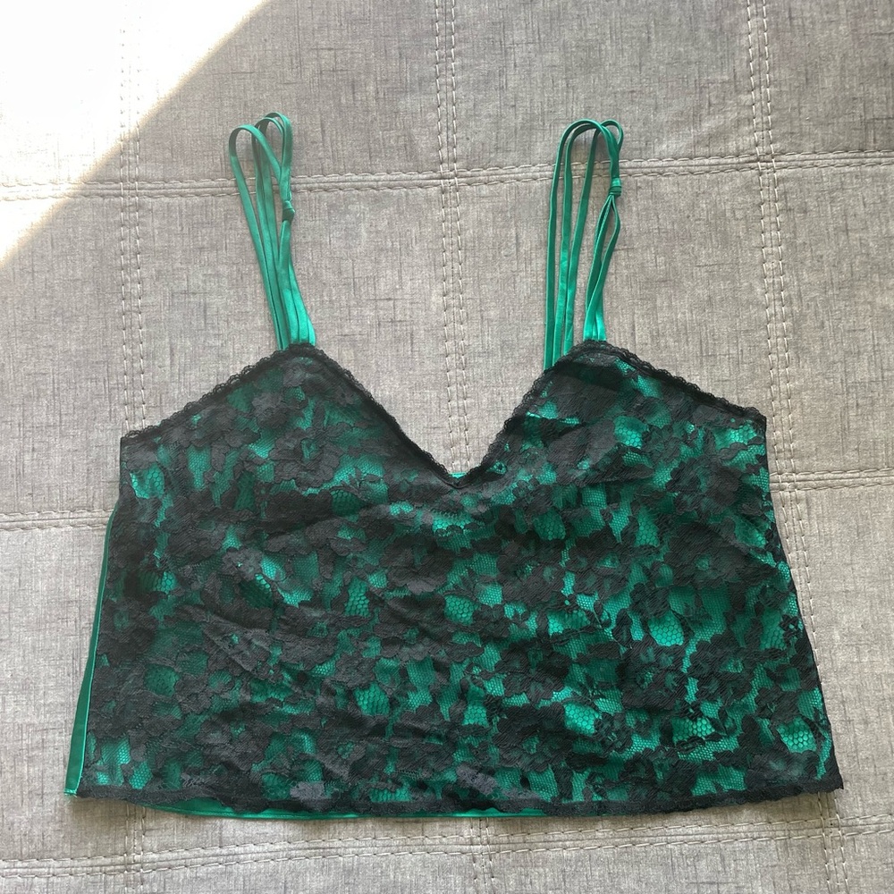 Vintage gold label Victoria Secret green and black lace top
Size M